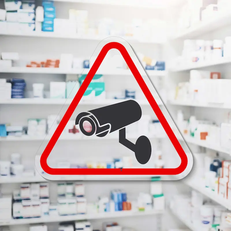 Alarmanlagen Apotheken - Medikamente im Regal mit einem Schild Videoüberwachung